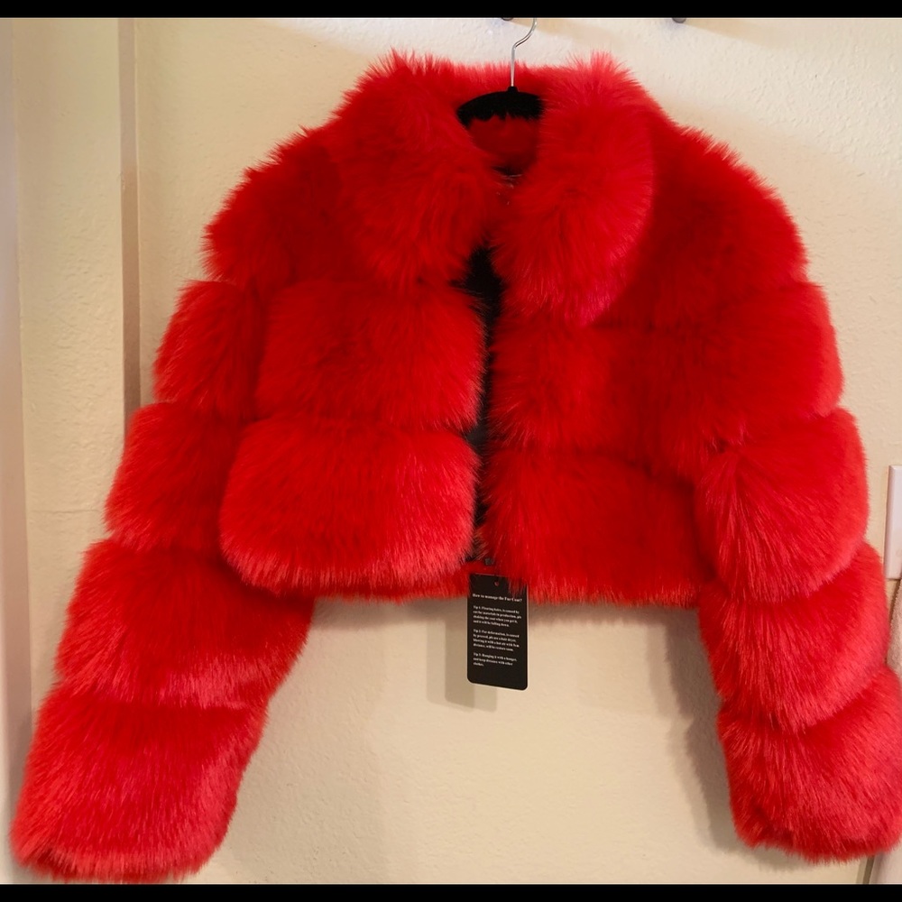 brand new red faux fur cropped coat jacket